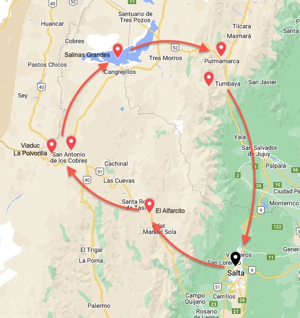 Carte Itinéraire boucle Nord Argentine - Région Salta